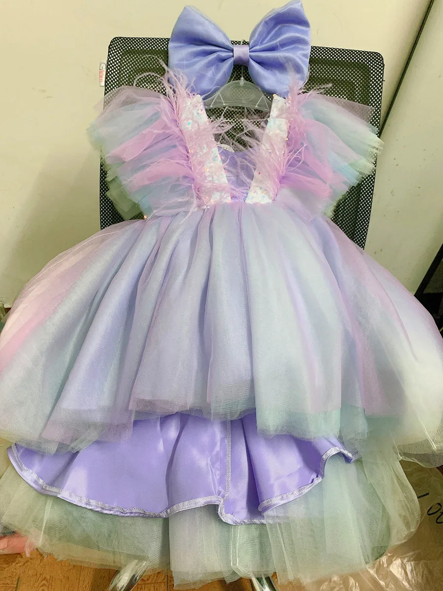 Summer Rainbow feather Baby Girl cake Dress 1st Birthday Party Wedding Girl Palace Princess Tuxedo Evening Dresses Kid Clothes images - 6