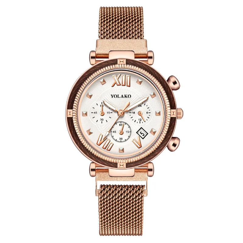 

Fashion Round Quartz Calendar Luxury Dial Casual Watches Stainless Net Strap Fashionable Clock Waterproof Wristwatch for Women