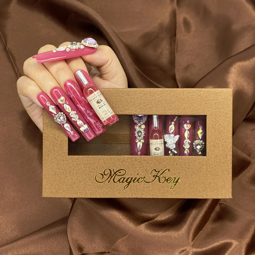 MagicKey INS модные накладные ногти с полным покрытием блестящие красные бутылки