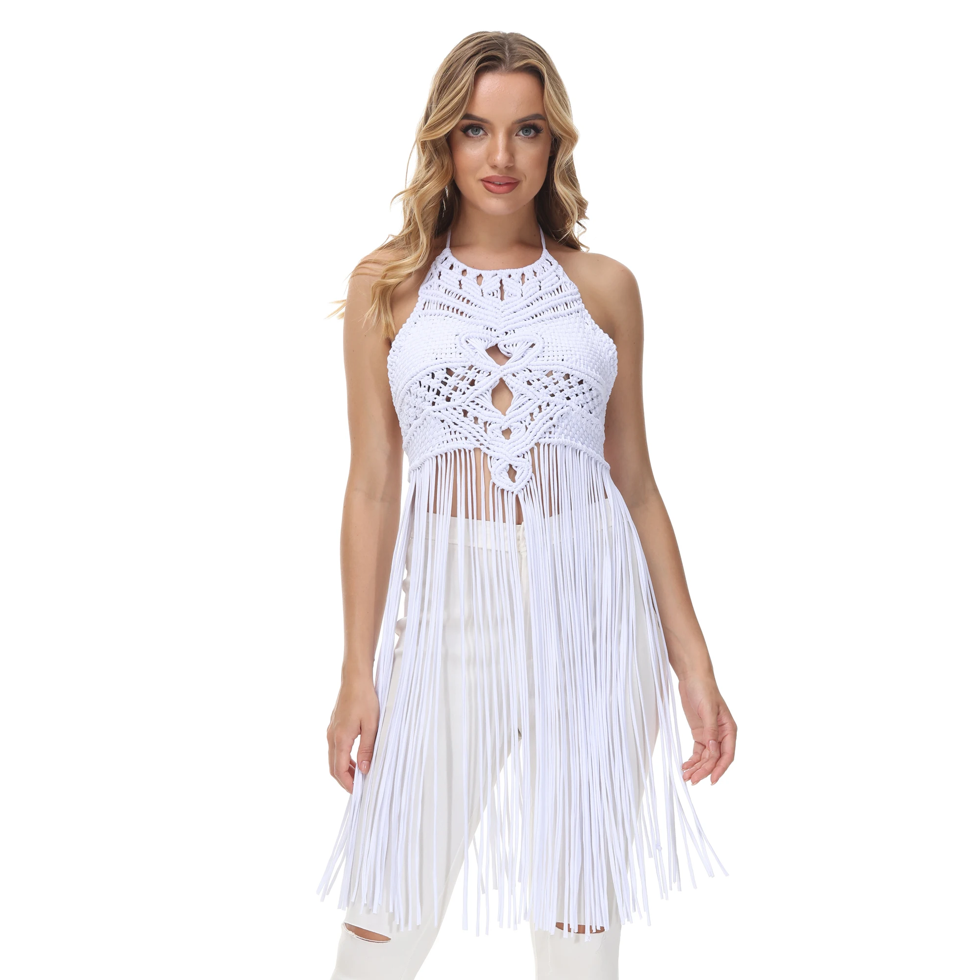 

Alberta-ferretti Women's Entirely Hand-woven Tops Macrame Halter Top Open Back With Fringes