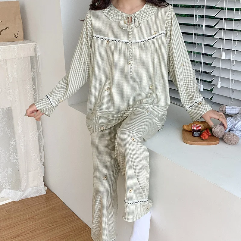 Spring Autumn Long Sleeve Cotton Silk Pajamas Middle School Student Sleep Pullover Pijamas Women