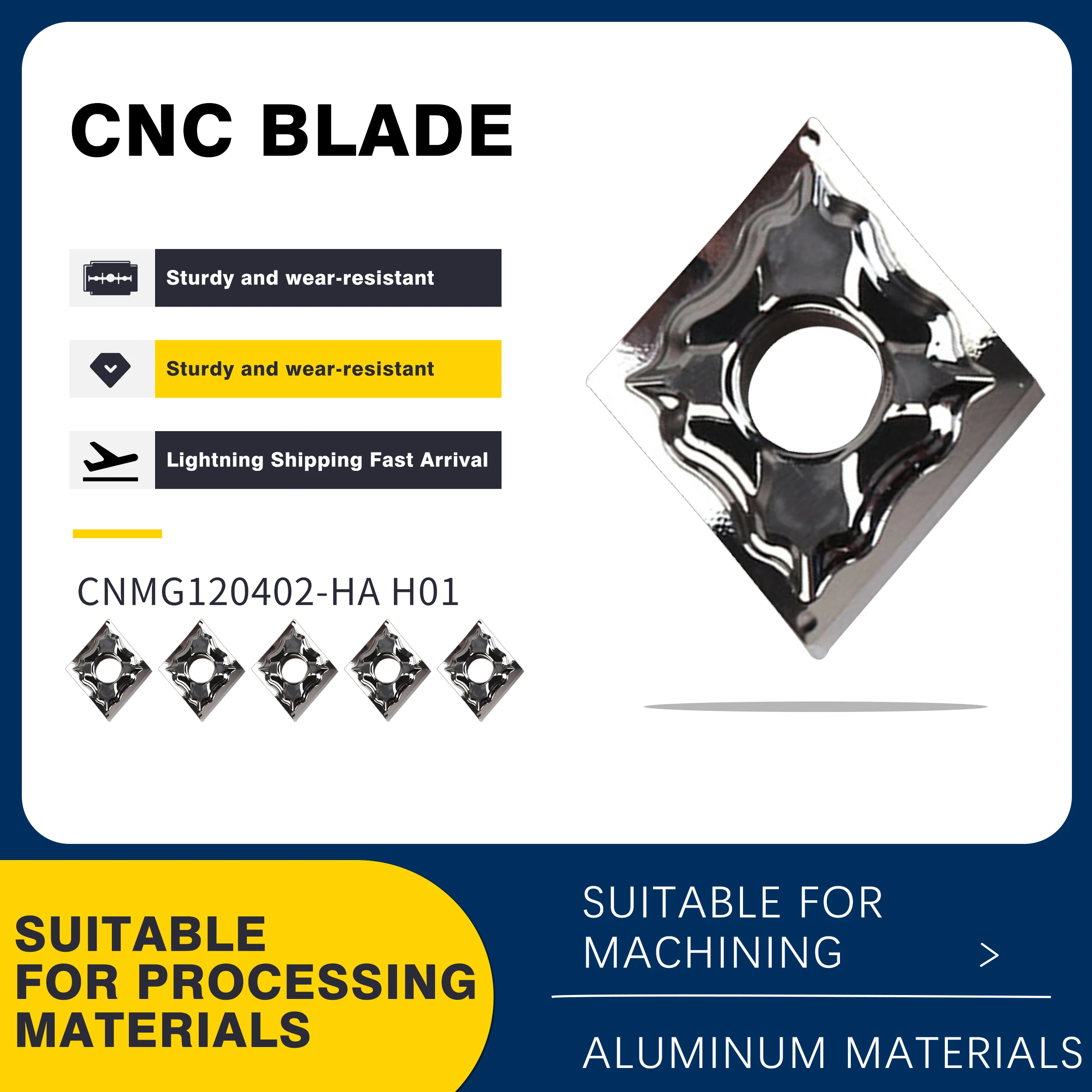 

CNMG120402 HA H01 CNMG120404 HA H01 Turning Insert CNMG120408 HA H01 CNC Metal Lathe Tool Carbide Blades For Aluminum Processing