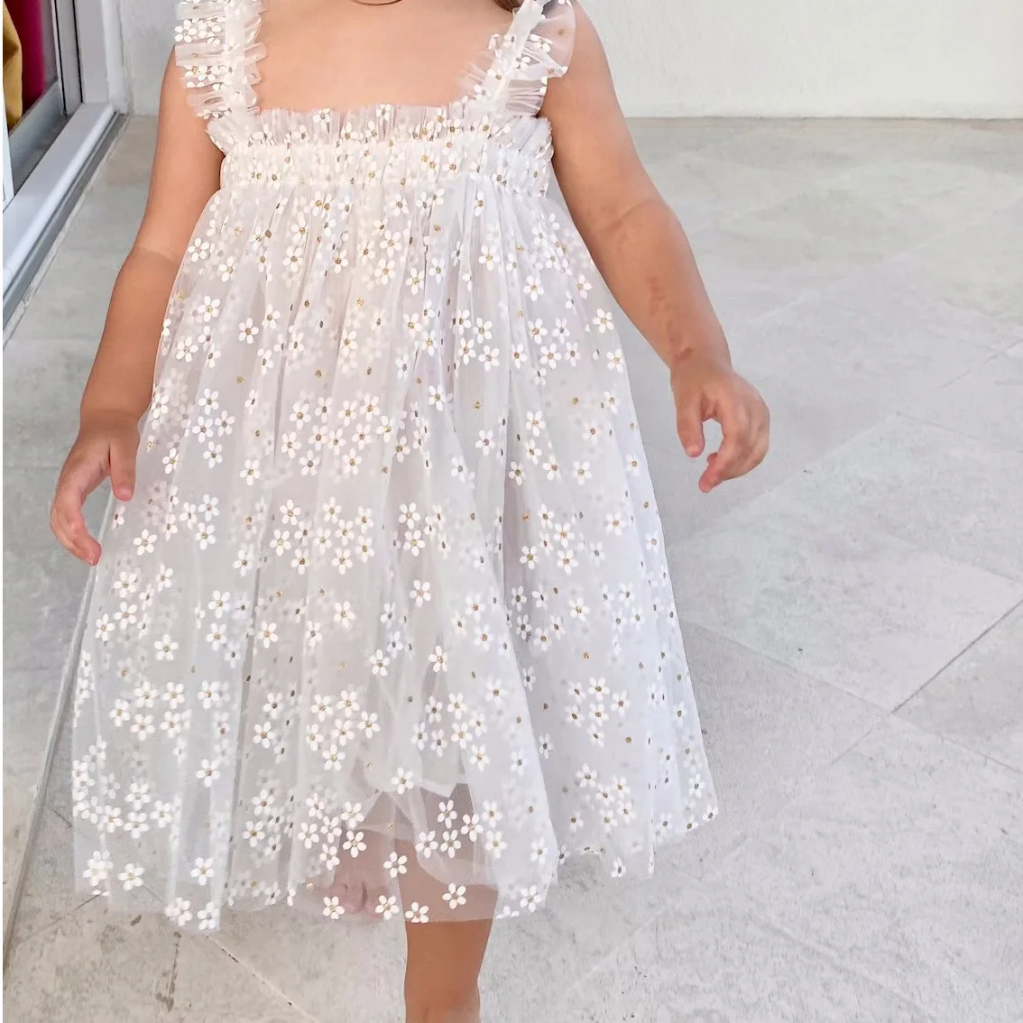 

2023 Summer White Dress for Girls Kid's Costume Daisy Tulle Gauze Princess Clothes Baby Toddler Flroal Free Shipping Clothing