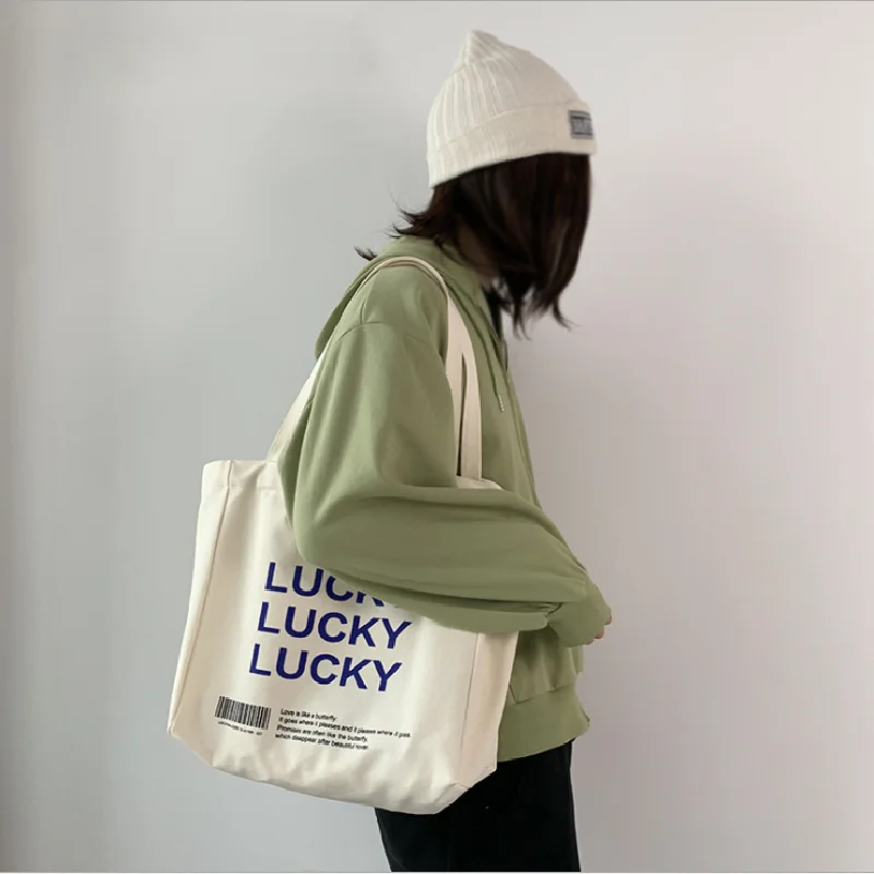 

Female Shoulder Bags Ins Lazy Large Capacity Shopping Tote Bag Women Casual Simple Letter Print Canvas Class Bags Сумка Женская
