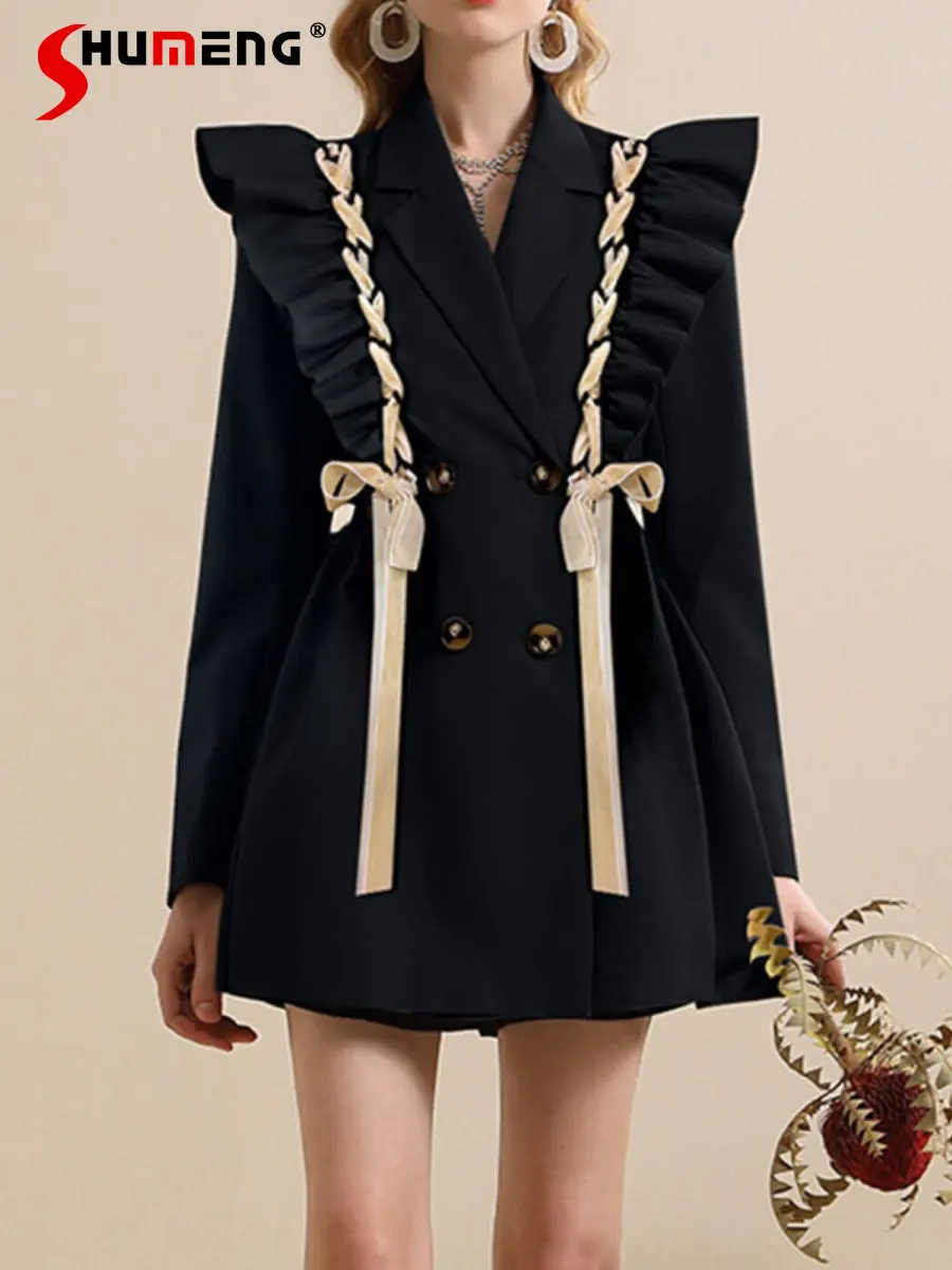 2023 Spring and Autumn New Suit Coat Lace-up Design Wooden Ear Slim Waist Temperament Black Blazer Jacket Office Ladies Coats