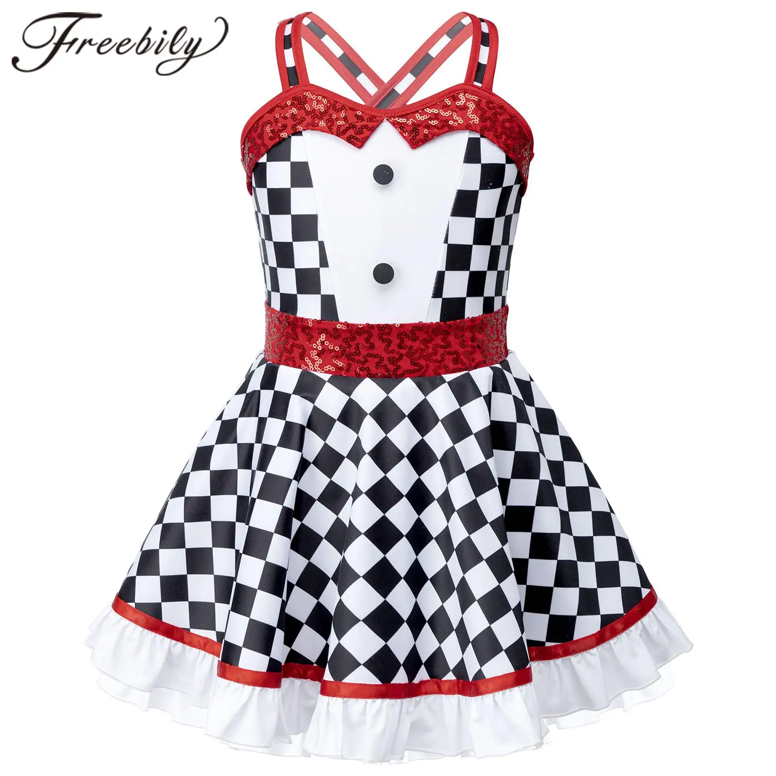 

Girls Ballet Dress Kids Tutu Crisscross Back Shiny Sequins Plaid Print Gymnastics Leotard Jazz Latin Performance Dance Wear