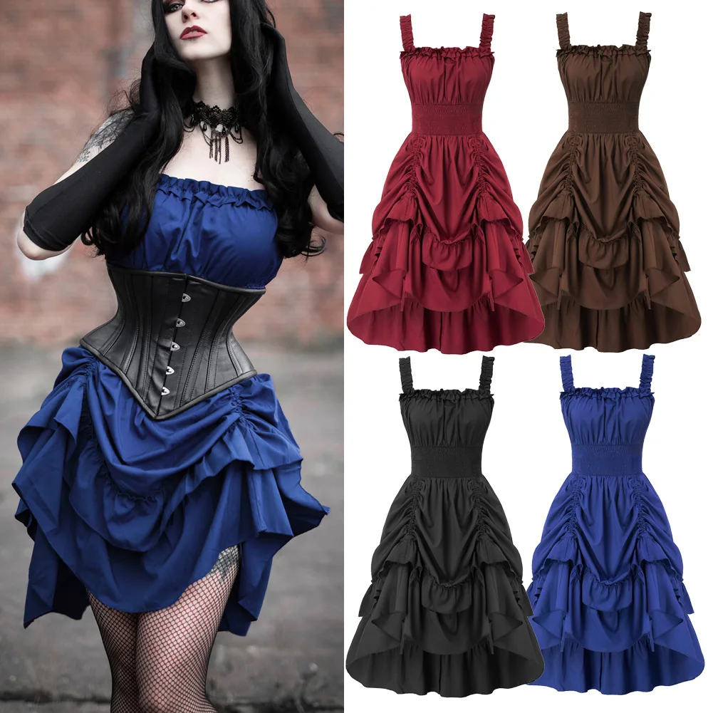 

Women Renaissance Dress Gathered Skirt Square Neck Smocked Waist A-Line Vintage Retro Evening Party Dress New