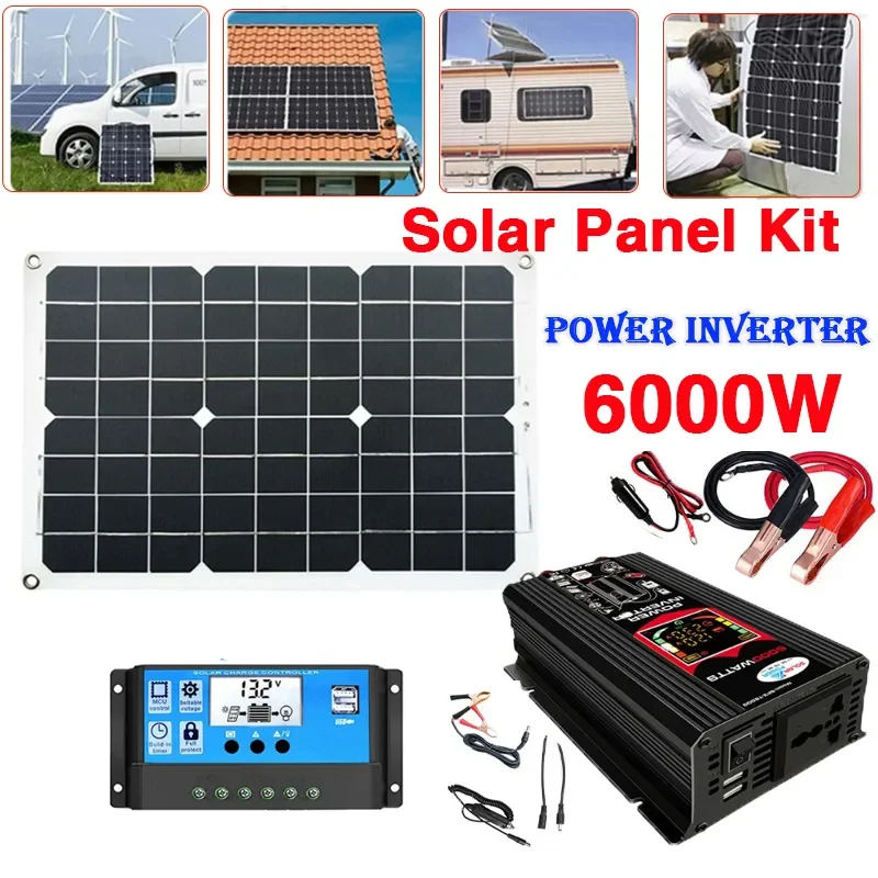 

Solar Panel Kit Complete 4000W 6000W Modified Sine Wave Inverter LCD Display Dual USB DC12V To110/220V with 30A Solar Controller