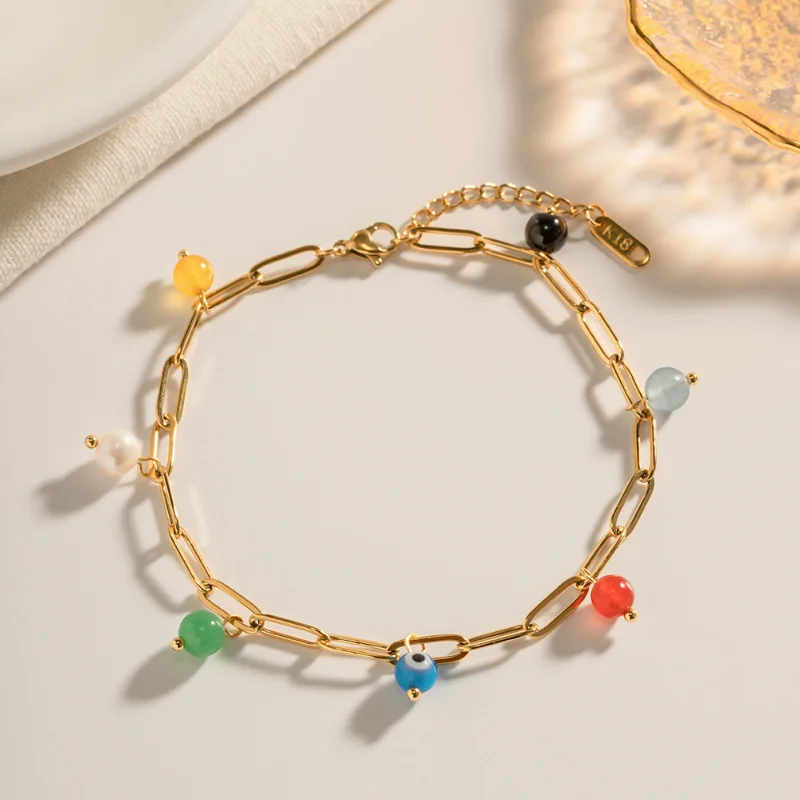 

Minar Vintage Colorful Natural Stone Beads Strand Evil Eyes Charm Bracelets 18K Gold Stainless Steel Link Chain Bracelet Women