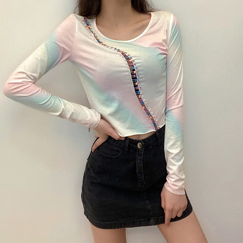 Elegant Pin T-shirt Soft Fabric Streetwear Long Sleeve Long Sleeve Round Neck Irregular Pin Stitching Top Autumn Girl T-shirt
