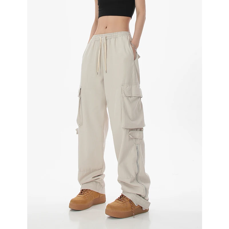 

Vintage Women Bottoms High Waist Lacing Cargo Pants Apricot Zipper Pocket Straight Baggy Autumn And Winter Casual Trouser