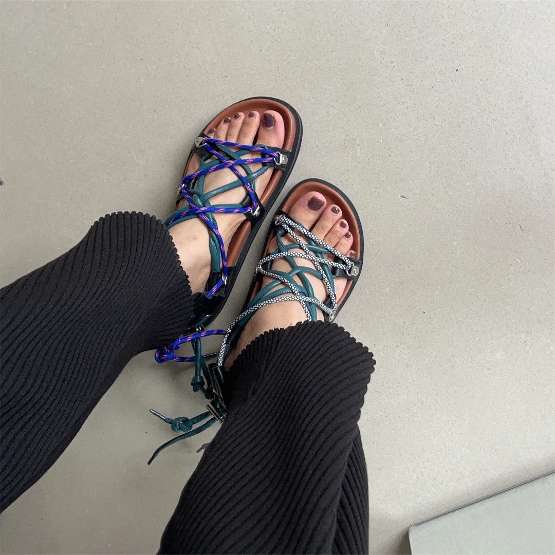 

Fashion Color Matching Cross Strap Flat Sandals Summer Increase High Peeptoe Woven Sandals New Beach Women's Roman Sandals