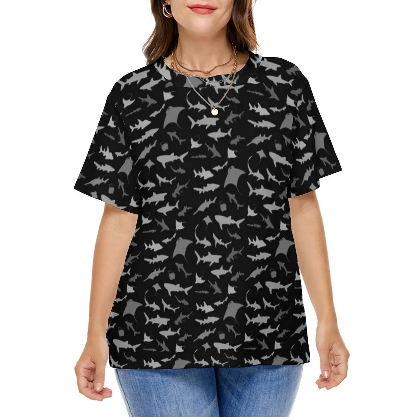 

Sharks And Rays T Shirt Marine Life Cute T Shirts Short Sleeve Casual Tees Female Beach Pattern Clothes Plus Size 4XL 5XL