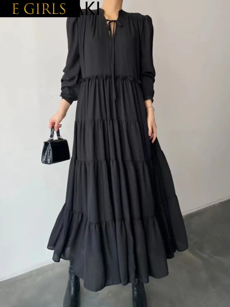 

E GIRLS Simple O Neck Long Sleeve Pleated Dress for Women Autumn 2023 New Loose Vintage Casual Vestidos Mujer Korean Chic Elegan