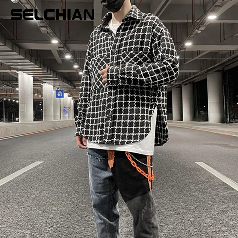 

Black and White Checkerboard Curved Hem Slit Loose Casual Shirt Mens Streetwear Lapel Oversized Pockets Color Block Loose Shirt