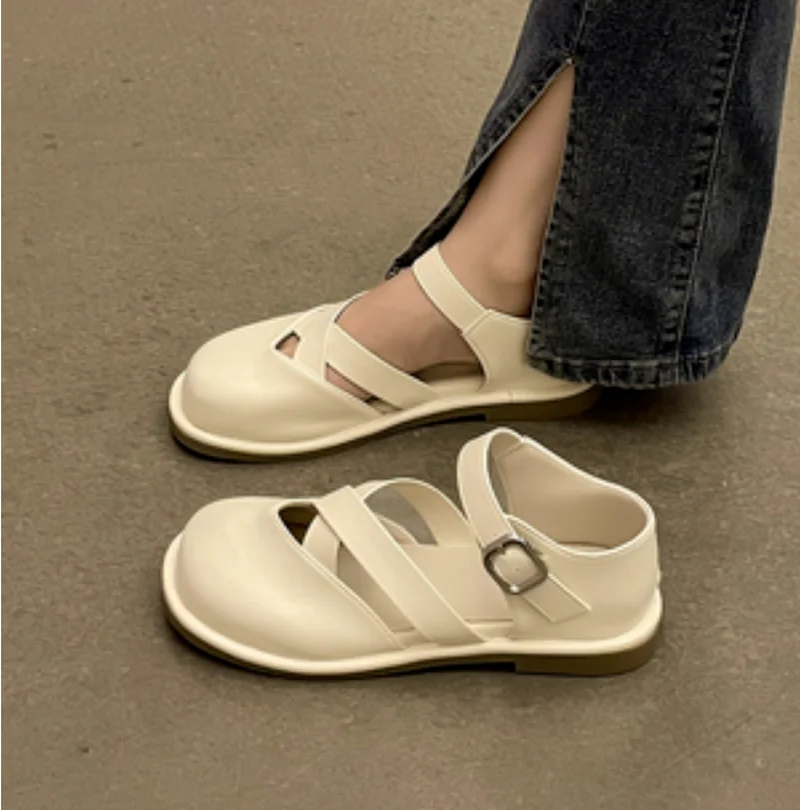 

Women Genuine Leather Gladiator Shoes Flat Platform Summer Buckle Sandals Narrow Band Ladies Footwear Beige Apricot shoes women