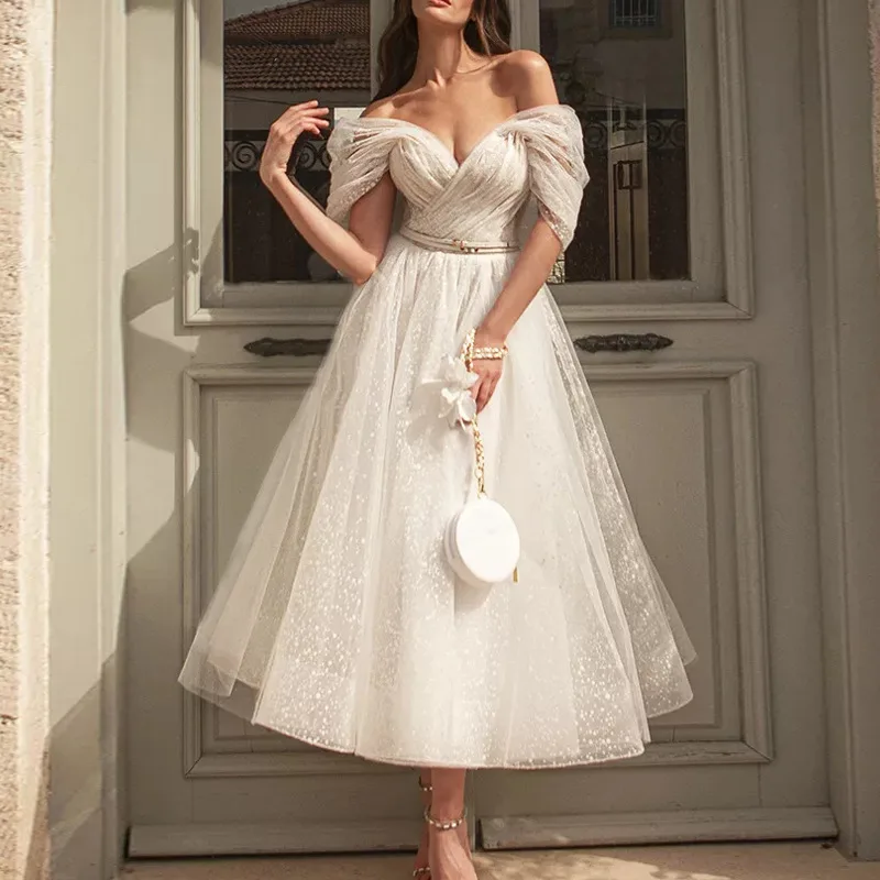 Women's Fashion Wedding Dress Tulle Sexy Off-Shoulder Deep V-neck Backless A-Line Swing Dress Elegant Prom Party Evening Dress
