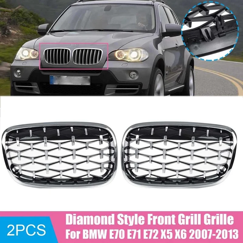 

2PCS Front Kidney Diamond Meteor Style Grille Grills for -BMW X5 E70 X6 E77 2007-2013 Racing Grill Chrome