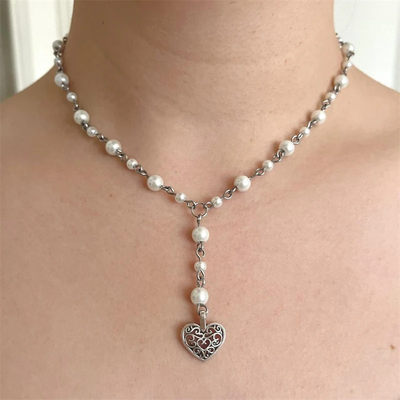 

white pearl rosary necklace with heart charm beaded necklace Handmade Fairy Fairycore necklace Grunge Cottagecore jewellery