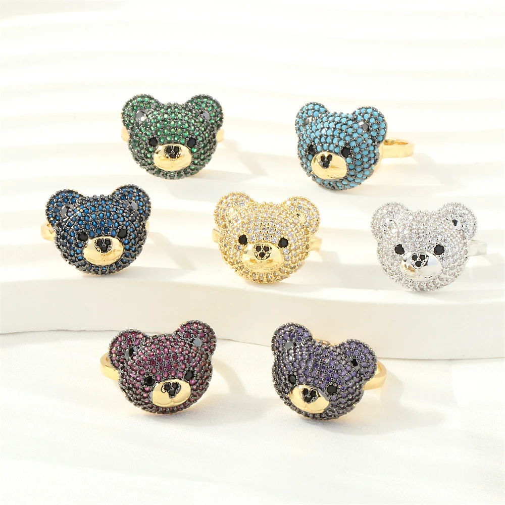 

Copper Inlaid Colored Zircon Cute Bear Open Rings Adjustable Size Cartoon Jewelry For Women Girls Engagement Party Accessories