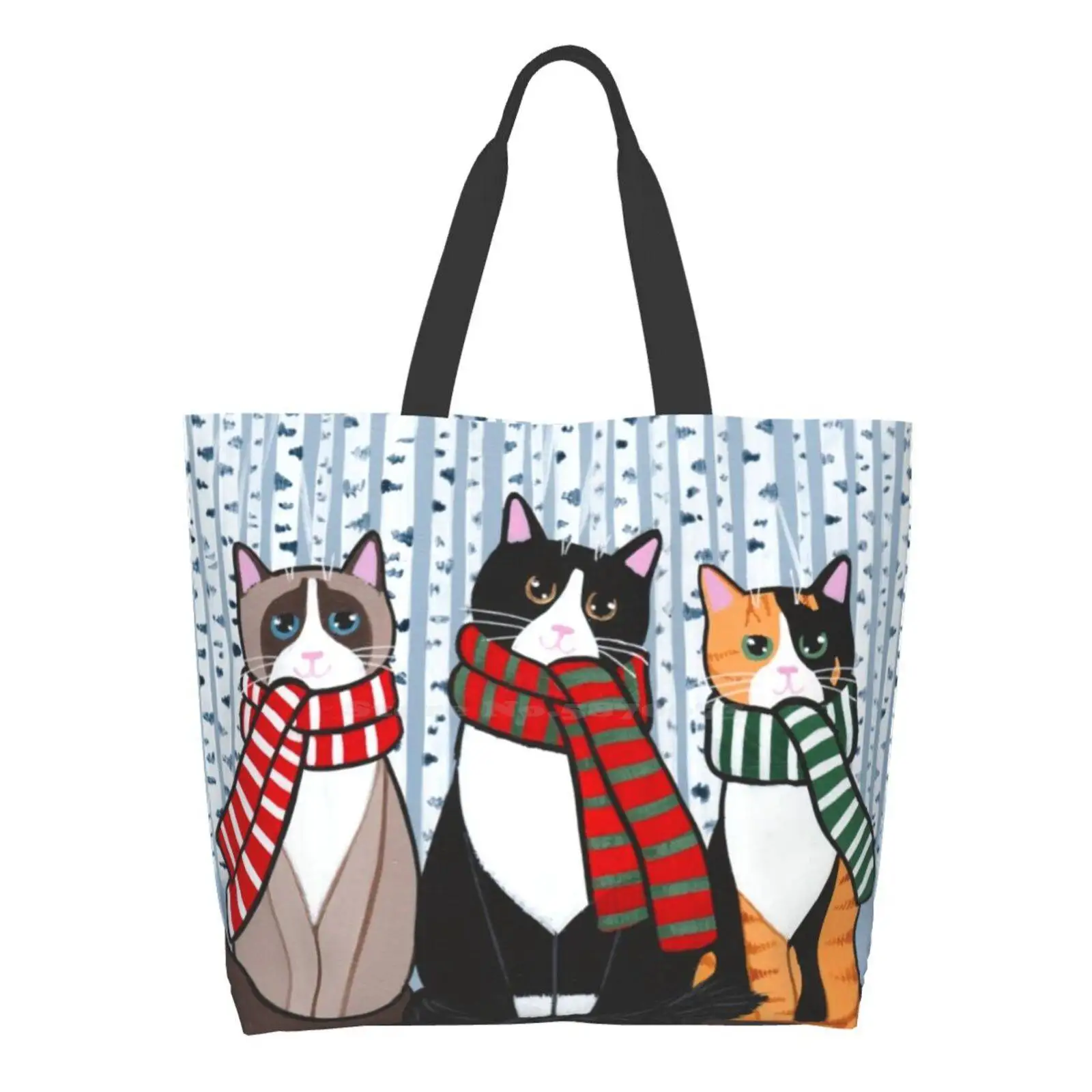 

The Winter Cats! Shopping Bags Girls Fashion Casual Pacakge Hand Bag Original Cat Folk Art Winter Calico Cat Tuxedo Cat Birman