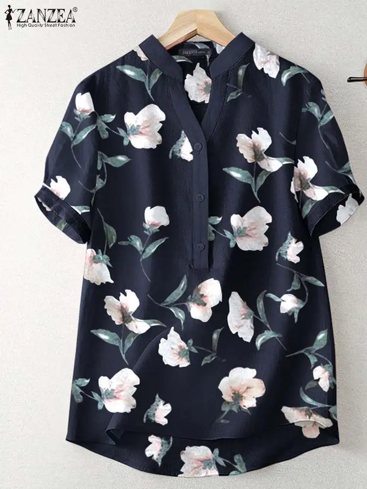 

Женская блузка ZANZEA в богемном стиле с цветочным принтом, летняя рубашка на пуговицах с V-образным вырезом и коротким рукавом, женские просты...