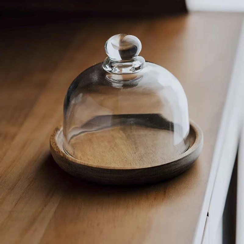 

Tabletop Decoration Acacia Wood Mini Round Dessert Plate with Glass Dome