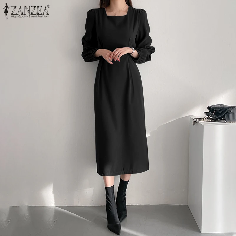 

ZANZEA Women Elegant Dress Spring Long Sleeve Square Neck Dress Fashion Holiday Party Sundress Oversized Kaftan Belted Vestidos