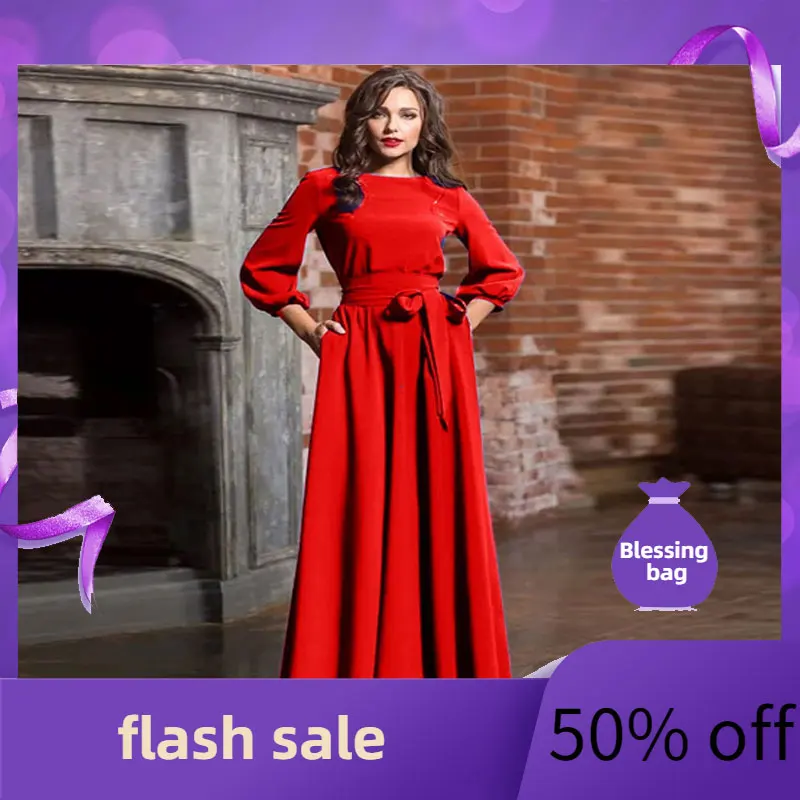 

2022 round neck long dress Bohemian exquisite Lantern Sleeve three season Sleeve casual dress luxury designer clothing women