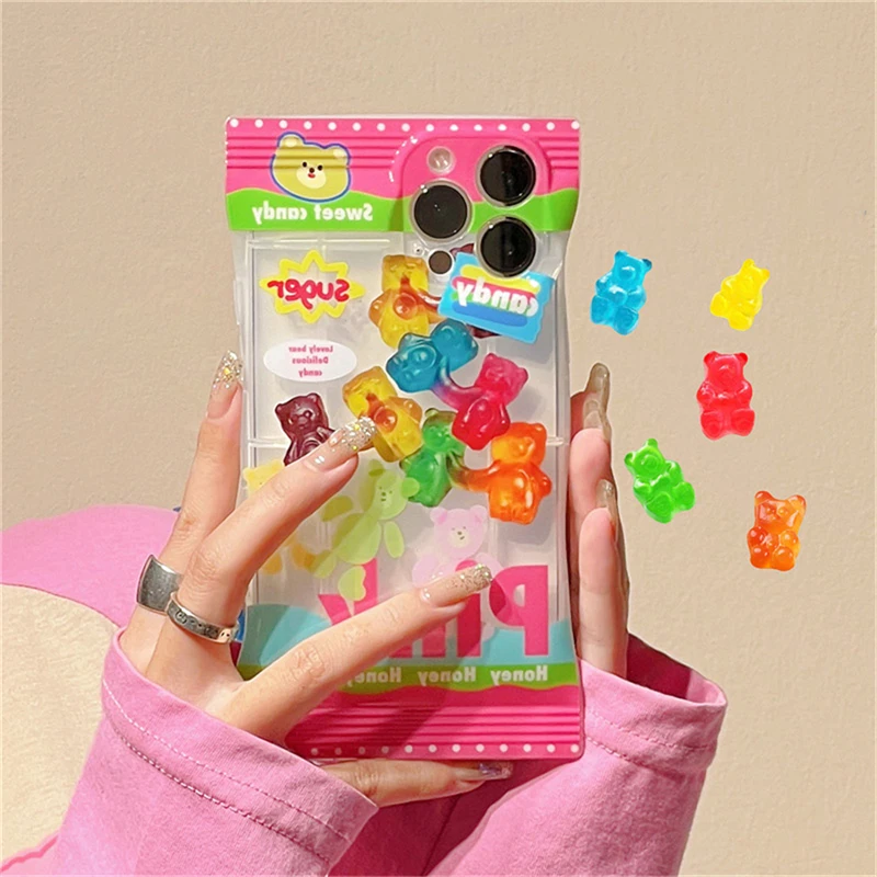 

Korean Cute Gummy Bears Candy Bag Phone Case For iPhone 14 13 12 11 Pro XS Max X XR Cartoon Smiley Shockproof Soft Cover Funda