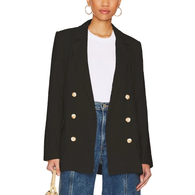 

Womens Double Breasted Long Sleeve Notched Lapel Collar Work Office Business Casual Jackets Suit with Pockets 517D