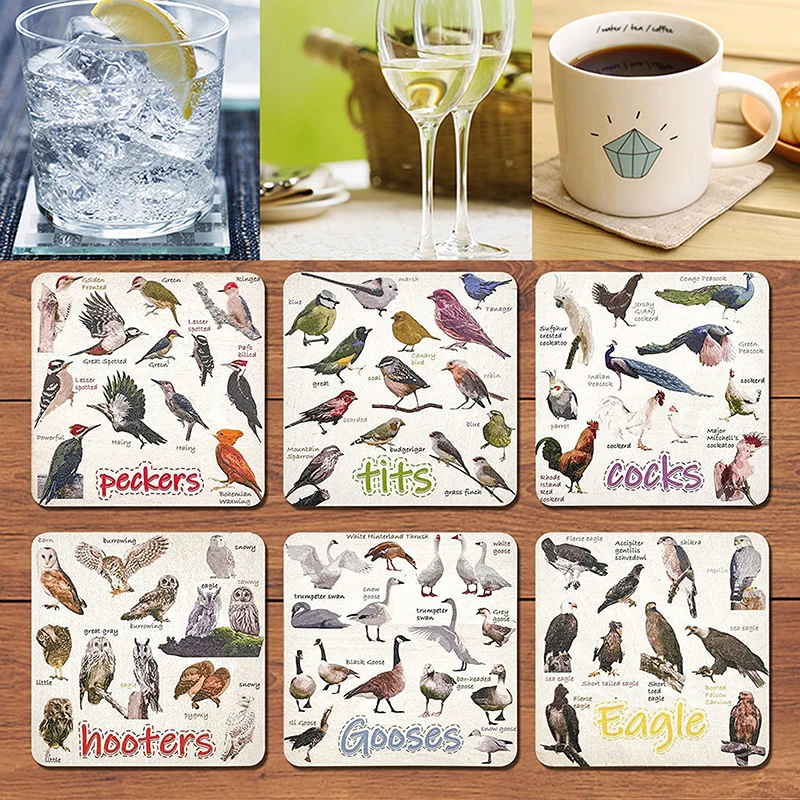 

Set of 6 Bird Pun Coasters, Bird Pun Coasters for Drinks, Square Coaster Set for Cups Home Funny Coasters Set for Bird Lover