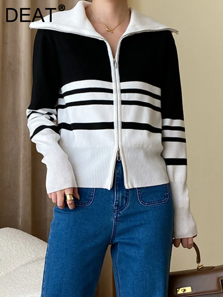 

DEAT Fashion Women's Knitted Cardigan Big Lapel Double Zipper Contrasting Colors Striped Sweater Coat Autumn 2023 New 17A9937