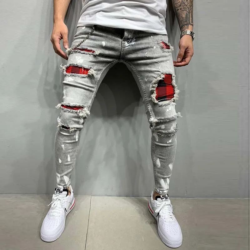 Autumn Patchwork Men Jeans Fashion Beggar Edition Painted Black Skinny Jeans Man Y2k Ripped Hip Hop Denim Trousers Casual Pants