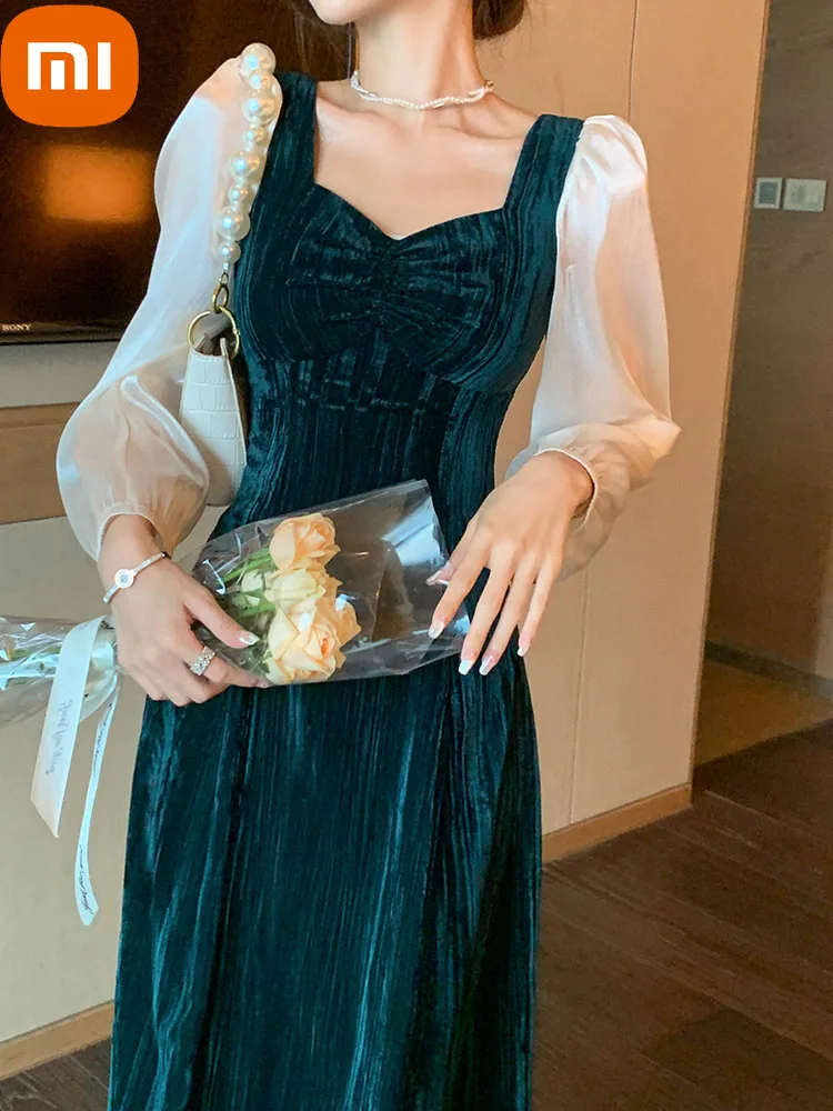 

XIAOMI Velvet Winter France Vintage Dress Wowen Warm Elegant Evening Party Midi Dress Ladies Long Sleeve Korean Dress