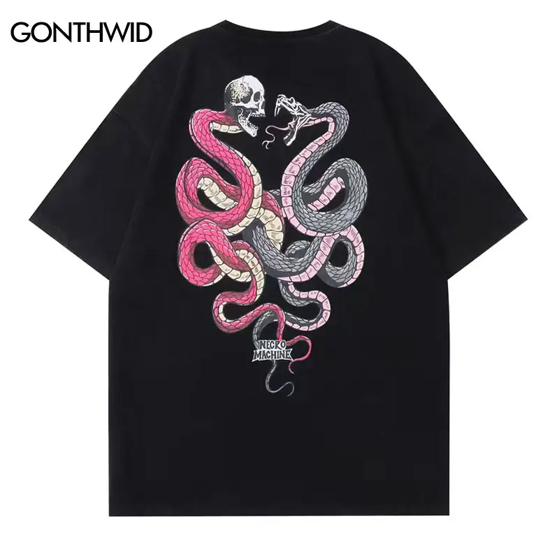 

Distressed Tshirt Hip Hop Skull Skeleton Snake Python Print Tee Shirts Streetwear Harajuku Casual Punk Gothic Short Sleeve Tops