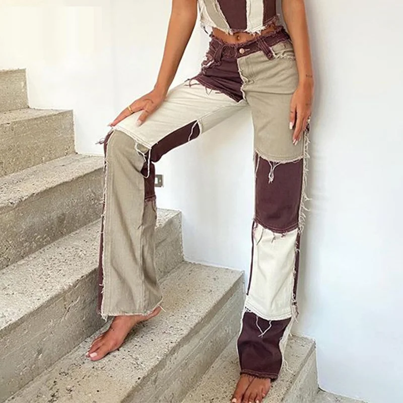 

QNPQYX New Denim Brown Patchwork Jeans Y2K Ripped Streetwear Mom Jean Vintage Slim Harajuku Skinny Jeans Pants High Waist Punk