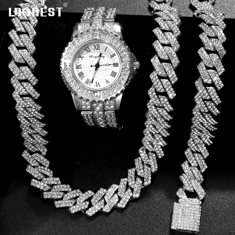 Ожерелье + часы браслет сверкающие 14 мм зубчатые кубинские звенья цепи для мужчин