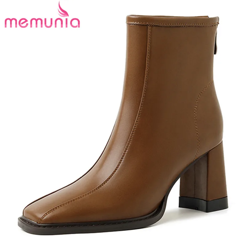 

MEMUNIA 2023 New Genuine Leather Winter Boots Woman Popular Ladies Zipper Ankle Boots Thick High Heels Platform Shoes