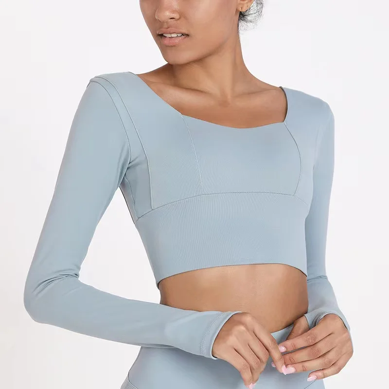 

LuluWomen's Sports Top Crop With Chest Pad Crop Navel Fitness Long Sleeves Round Neck Backless Yoga Shirt Running T-Shirt