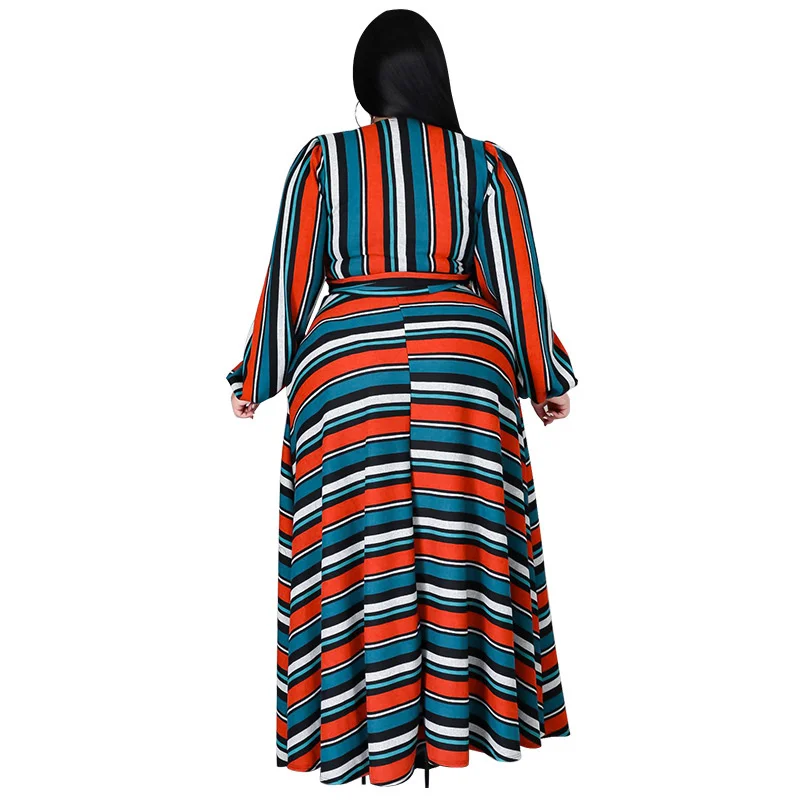Plus Size Winter Sets Women Skirt Two Piece Suits Patchwork Stripe Long Sleeve Ladies Outifts Who 3xl 4xl 5xl 6xl