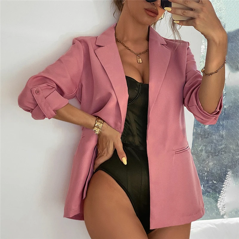 Women Blazer Autumn Long Sleeve Cardigan Suit Jacket Solid Color Retro Button Blazers Career Coats Elegant Ladies Streetwear