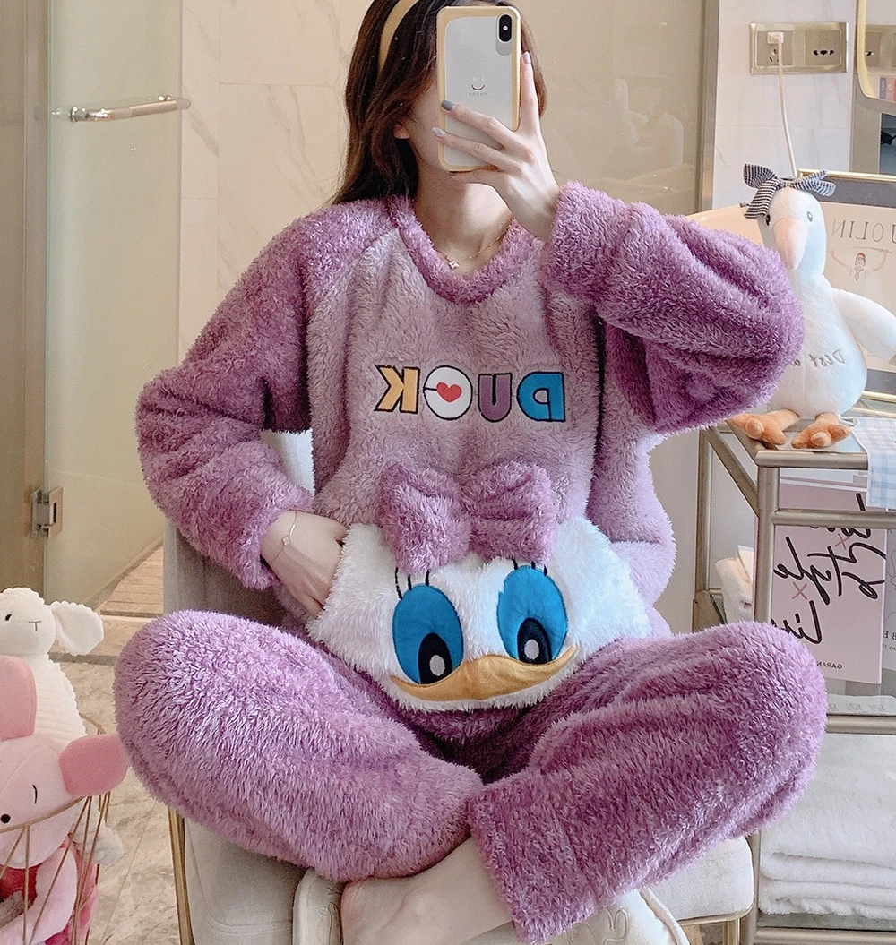 Winter Flannel Pajamas Set For Women Cute Duck Plush Soft Sleepwear Warm Thick Pyjama Two Pieces Animal Cartoon Cosplay Homewear