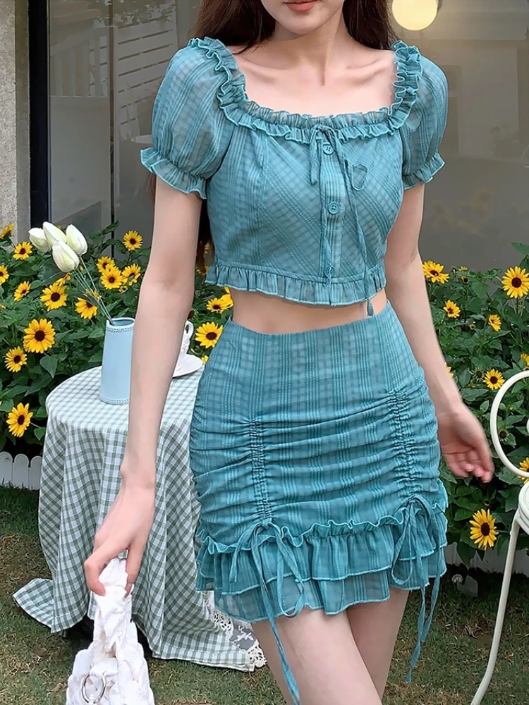 

Korean Fashion 2 Piece Dress Set Women Short Sleeve Y2k Crop Tops + Slim Bodycon Mini Skirt Beach Casual Suit Chic 2023 Summer