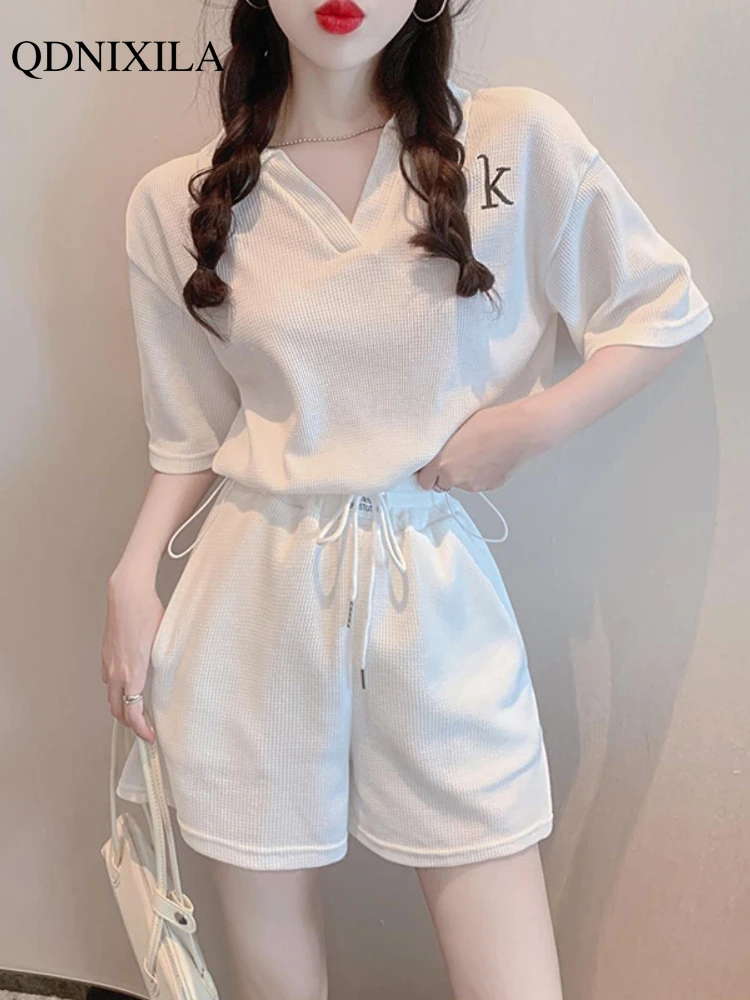 

2023 Summer Fashion Tracksuit Women's Shorts Sets Casual Elegant Thin Short Sleeve Shirt Wide Leg Shorts 2 Piece Set Outfits