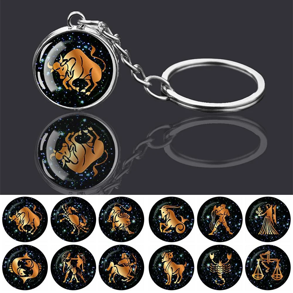 

New Fashion 12 Constellation Double Side Glass Ball Pendant Keychain 12 Zodiac Signs Keyring Boyfriend Girlfriend Birthday Gifts