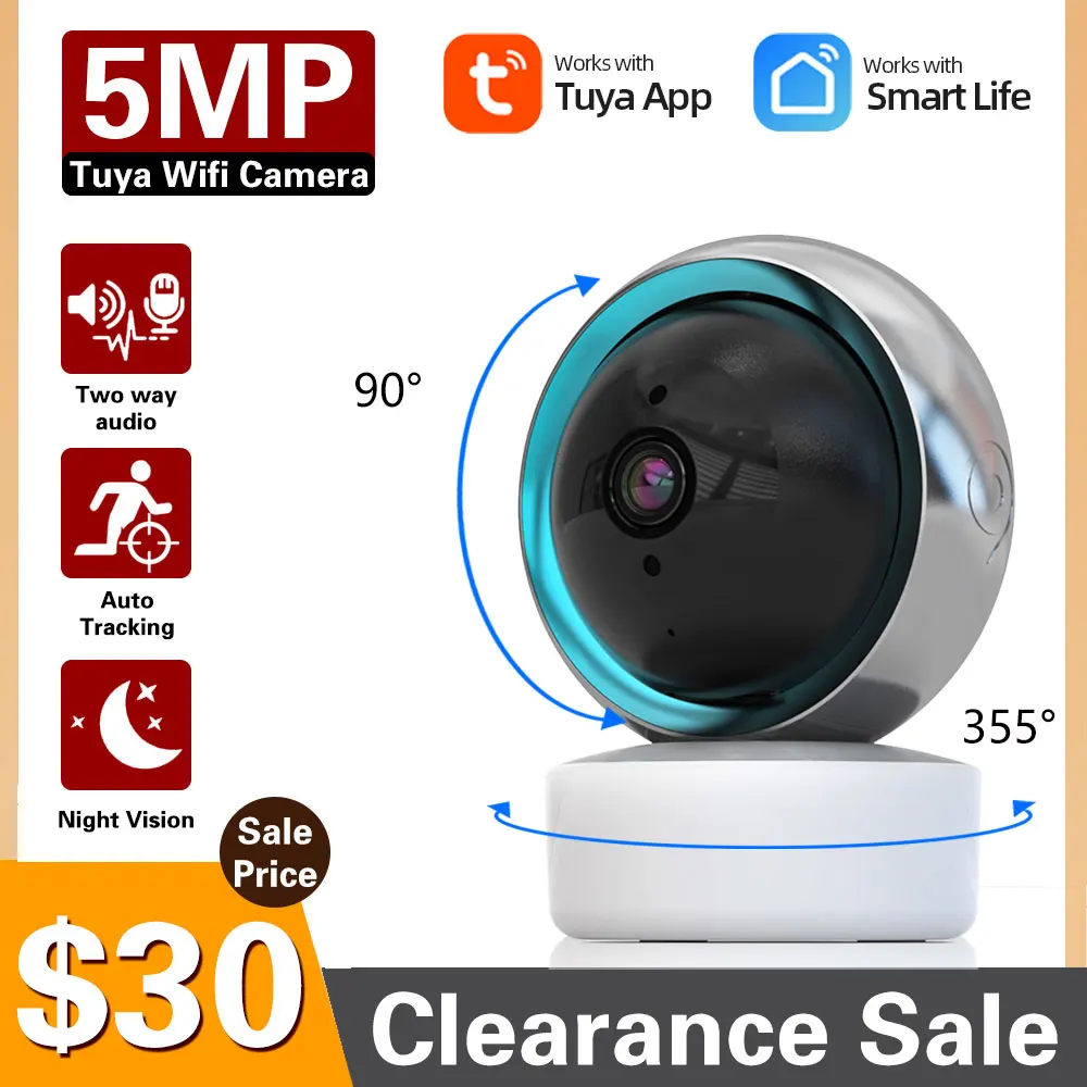 5MP Tuya Wifi Auto Tracking Camera Video Surveillance Camera HD Night VIsion Two Way Audio Cloud Smart Life Home Security IP Cam