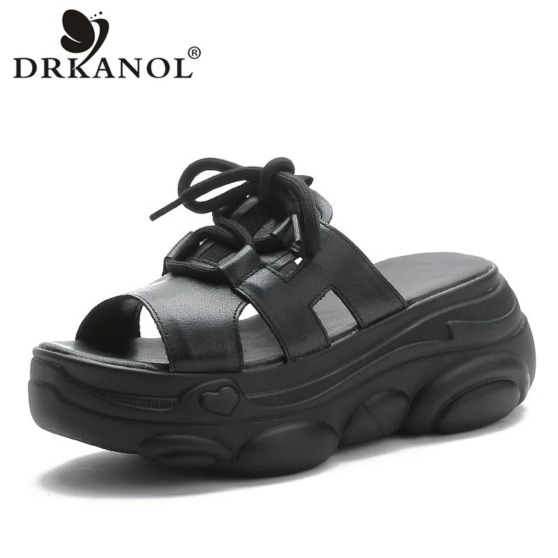 

DRKANOL Vintage Women Wedges Slippers Summer Open Toe Height Increasing Platform Genuine Leather Slippers Ladies Casual Slides