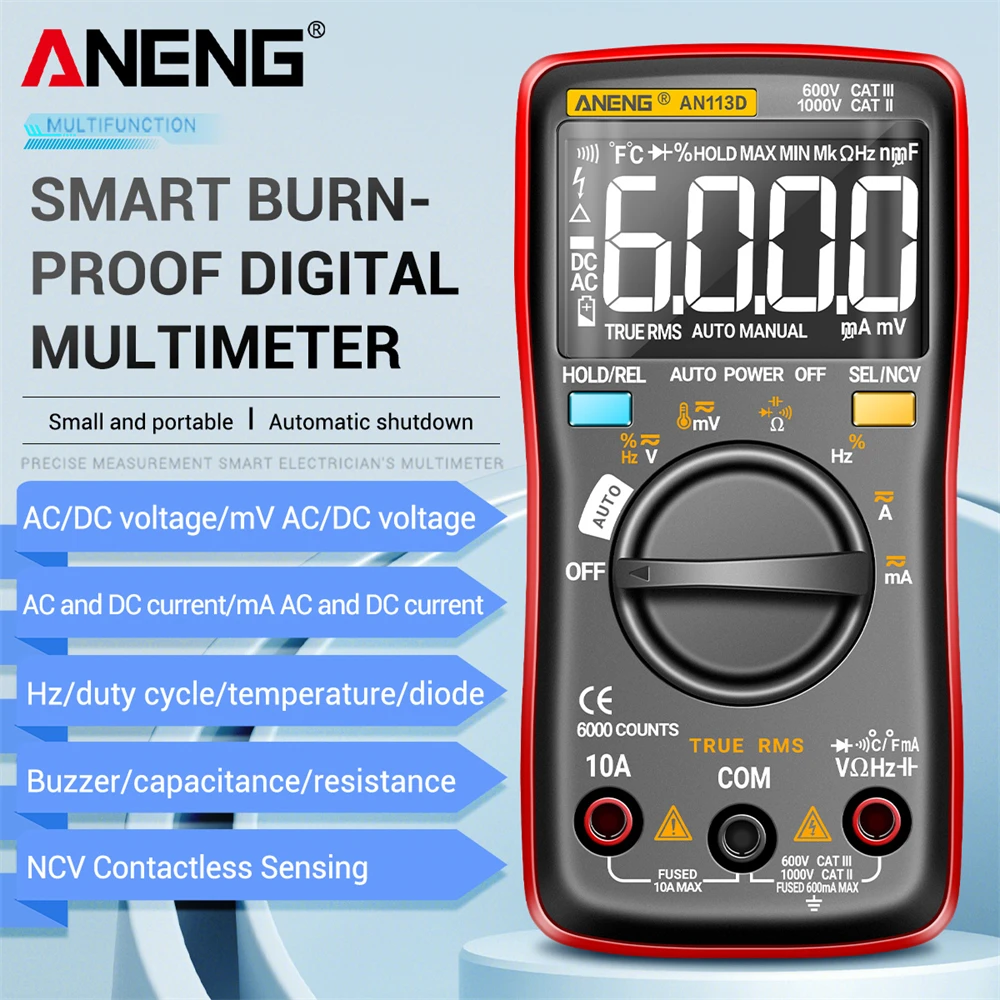 

ANENG AN113D Electrical Digital Professional Multimeter 6000 Count Meter Transistor Tester Rang ACDC Voltage Current Detector