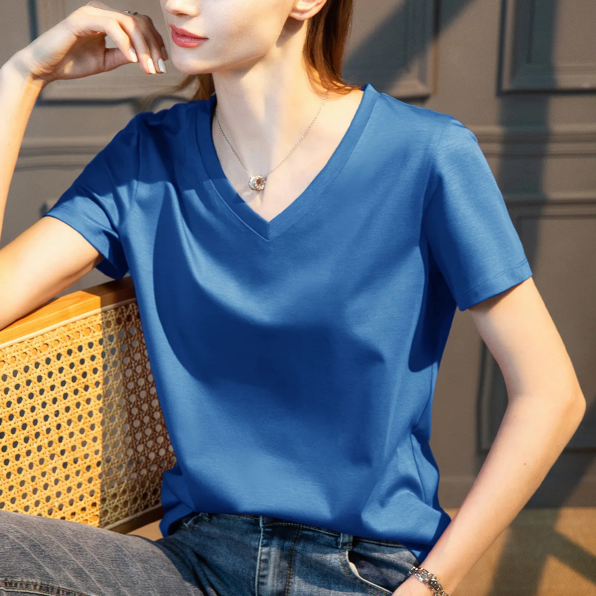 

2022 NEW FASHION WOMEN Women's Tops Solid Color Casual V-Neck 100% Cotton Short Sleeves